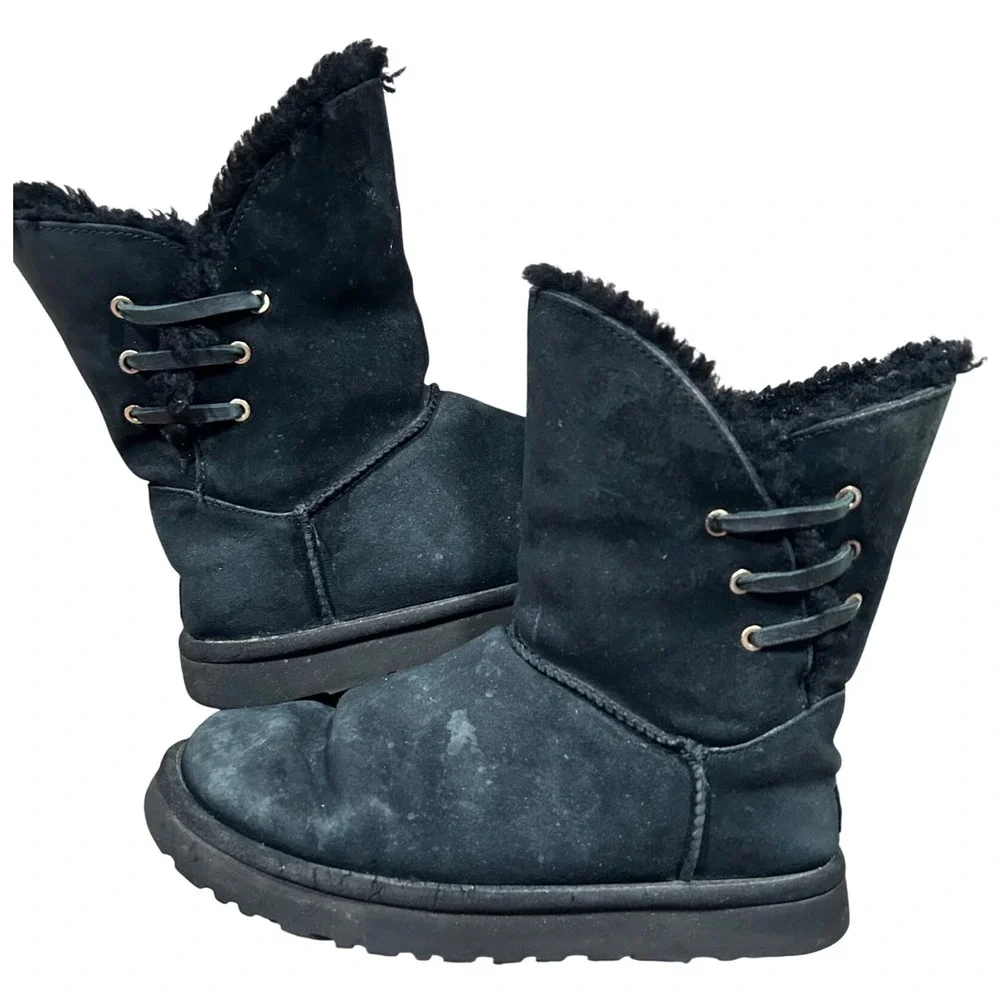 UGG Constantine Black Suede Side Lace Up‎ Sheepskin Boots Slippers Grunge Size 8